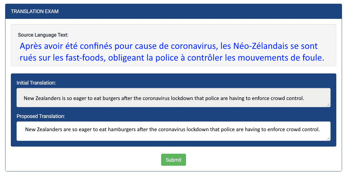 Here there Is a grammar error. The verb &quot;New Zealanders is so eager&quot; is in the singular form, but it should be plural (New Zealanders are so eager), but the candidate also changed &quot;burgers&quot; into &quot;hamburgers&quot;. Remember, you should only correct ONE absolute/objective error and not change the tone or style of the translation.